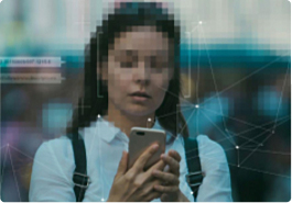 woman with pixelated face holding phone