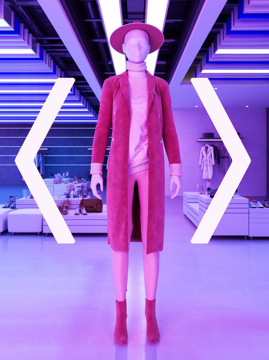 A mannequin dressed in pink stands in a purple room
