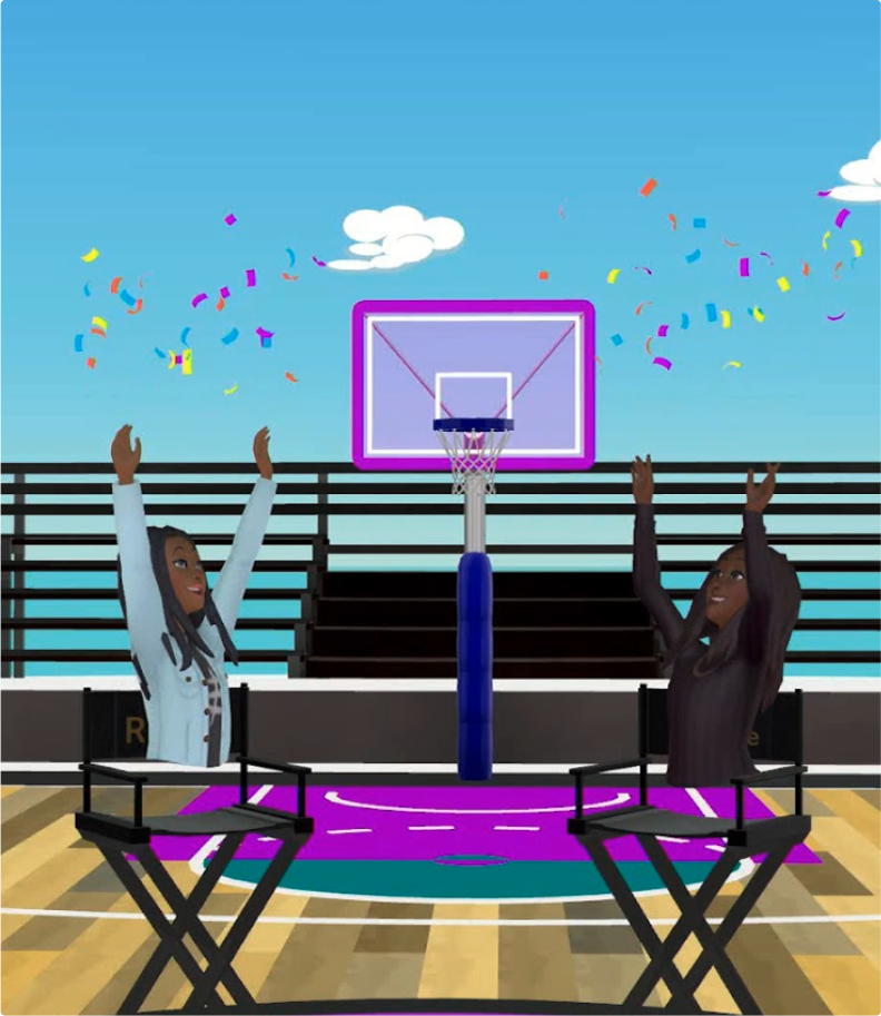 Myla Unique Minor and Renee Montgomery in the metaverse celebrating on a basketball court