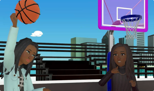 Myla Unique Minor and Renee Montgomery shoot a basketball in the metaverse