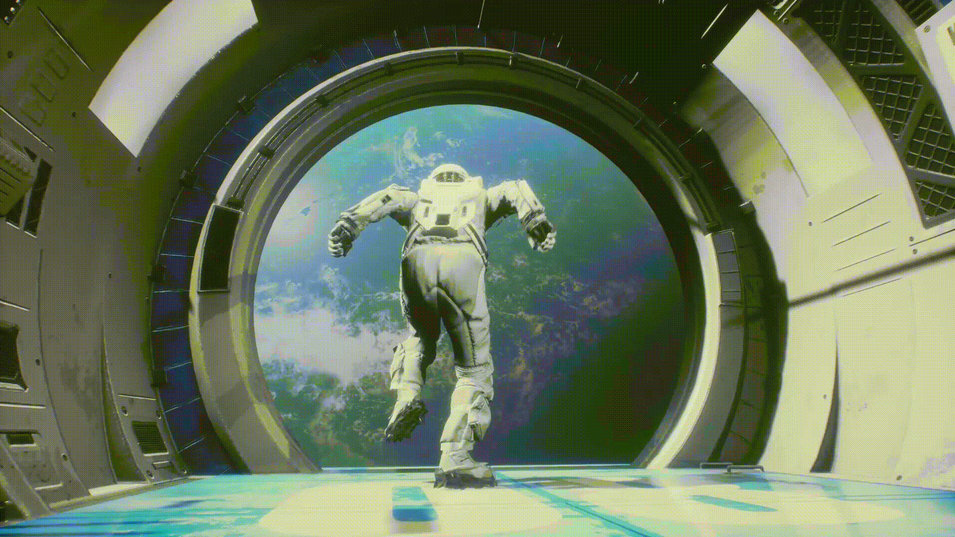 Astronaut running out of a spaceship and jumping into space
