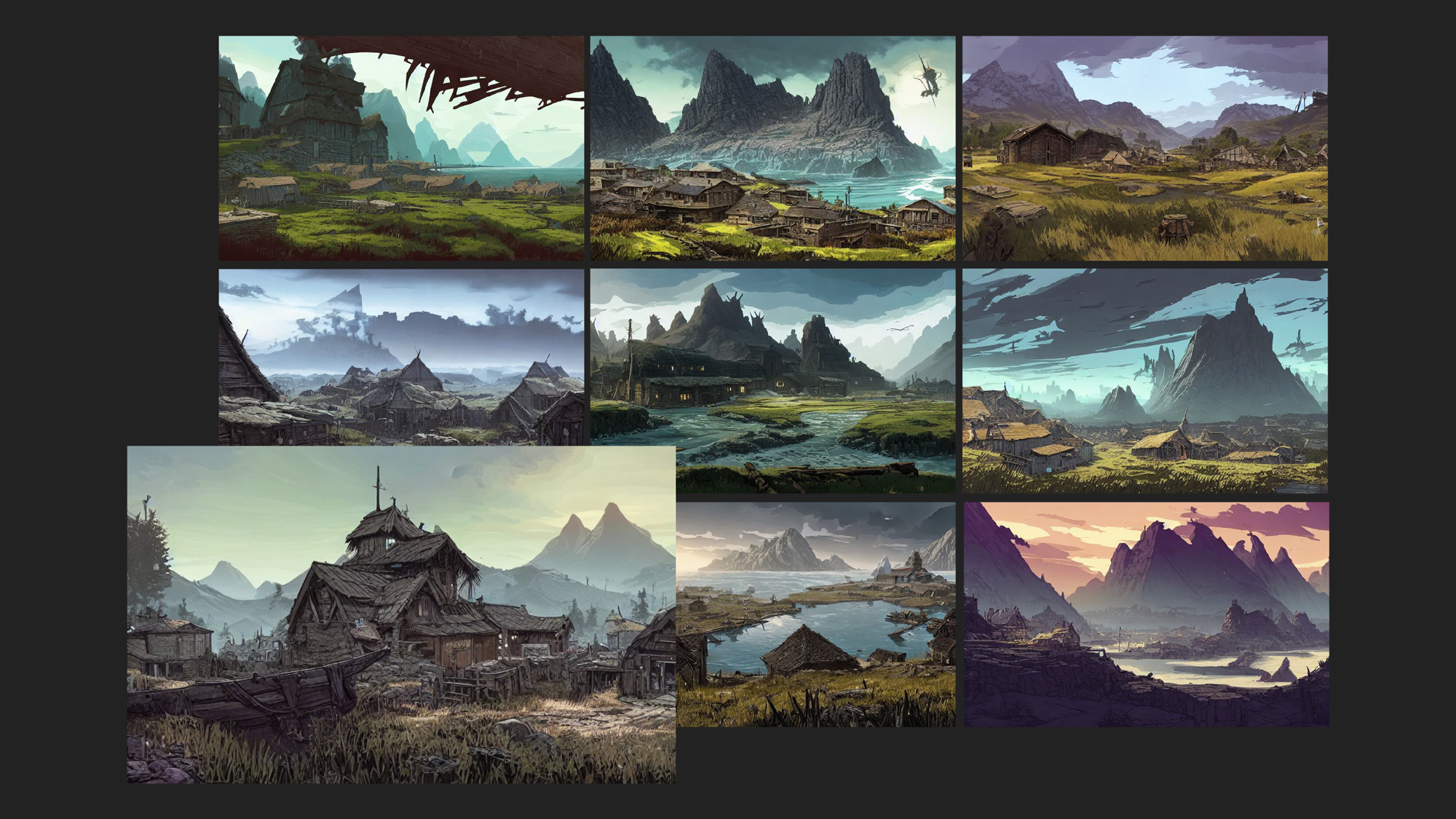 a grid of landscapes of a house amid mountains and fields