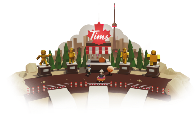 Tim Horton's world in roblox showcasing some of the obstacle courses