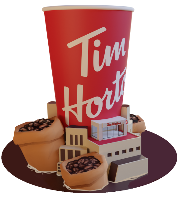 A red tim hortons red cup with coffee beans surrounding it