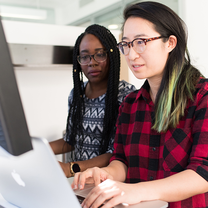 Two employees working together at a desk over their laptops