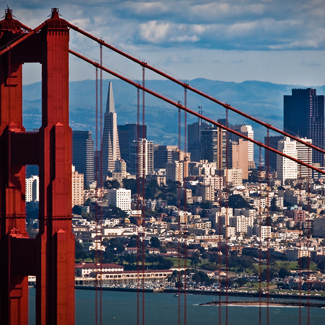 A view at Downtown SF through the Golden Gate Bridge