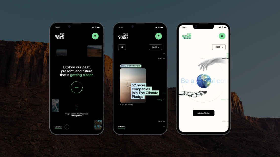 Climate Pledge website homepage on mobile screens