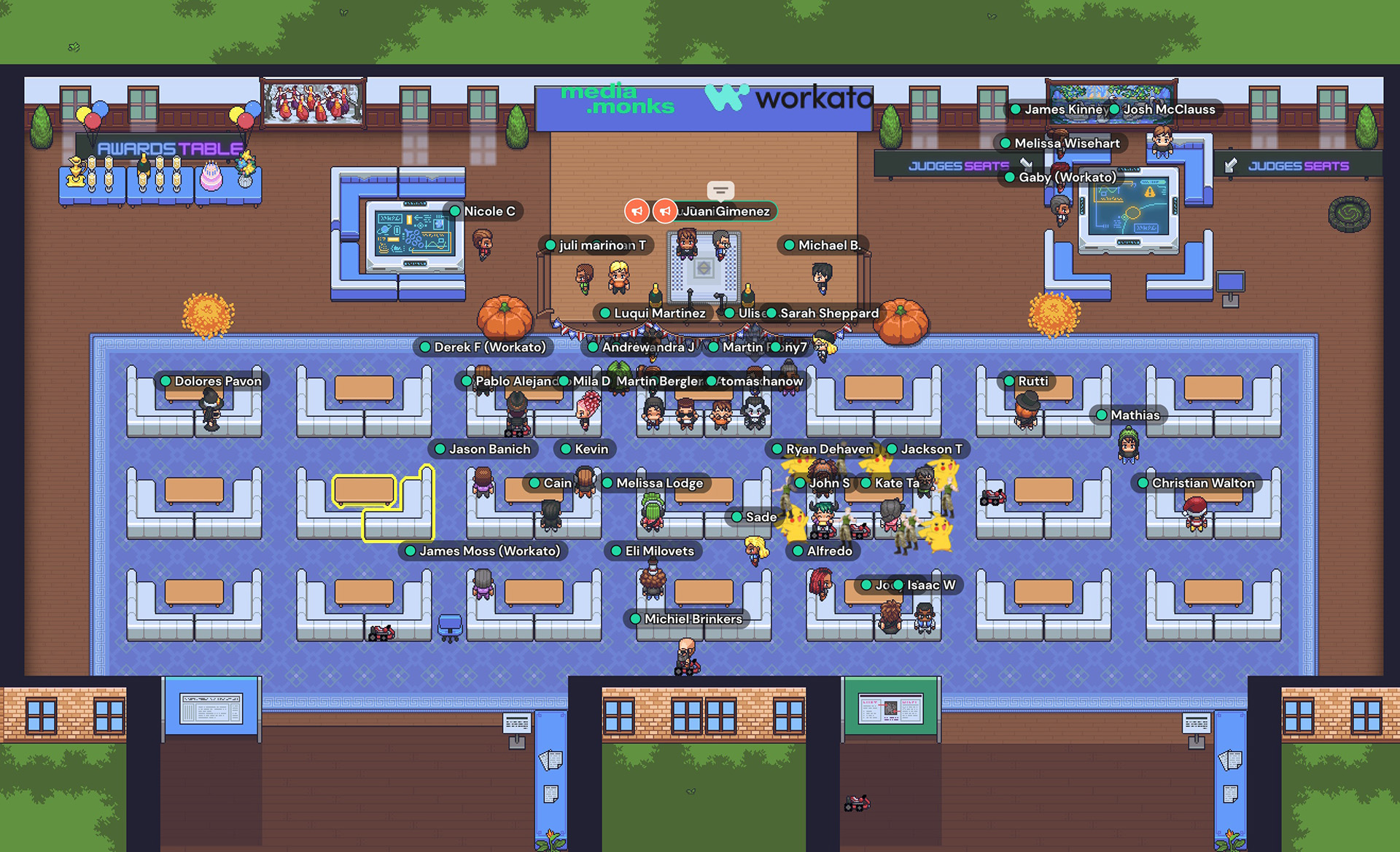 The workato 2d platform with cartoon like avatars talking to each other