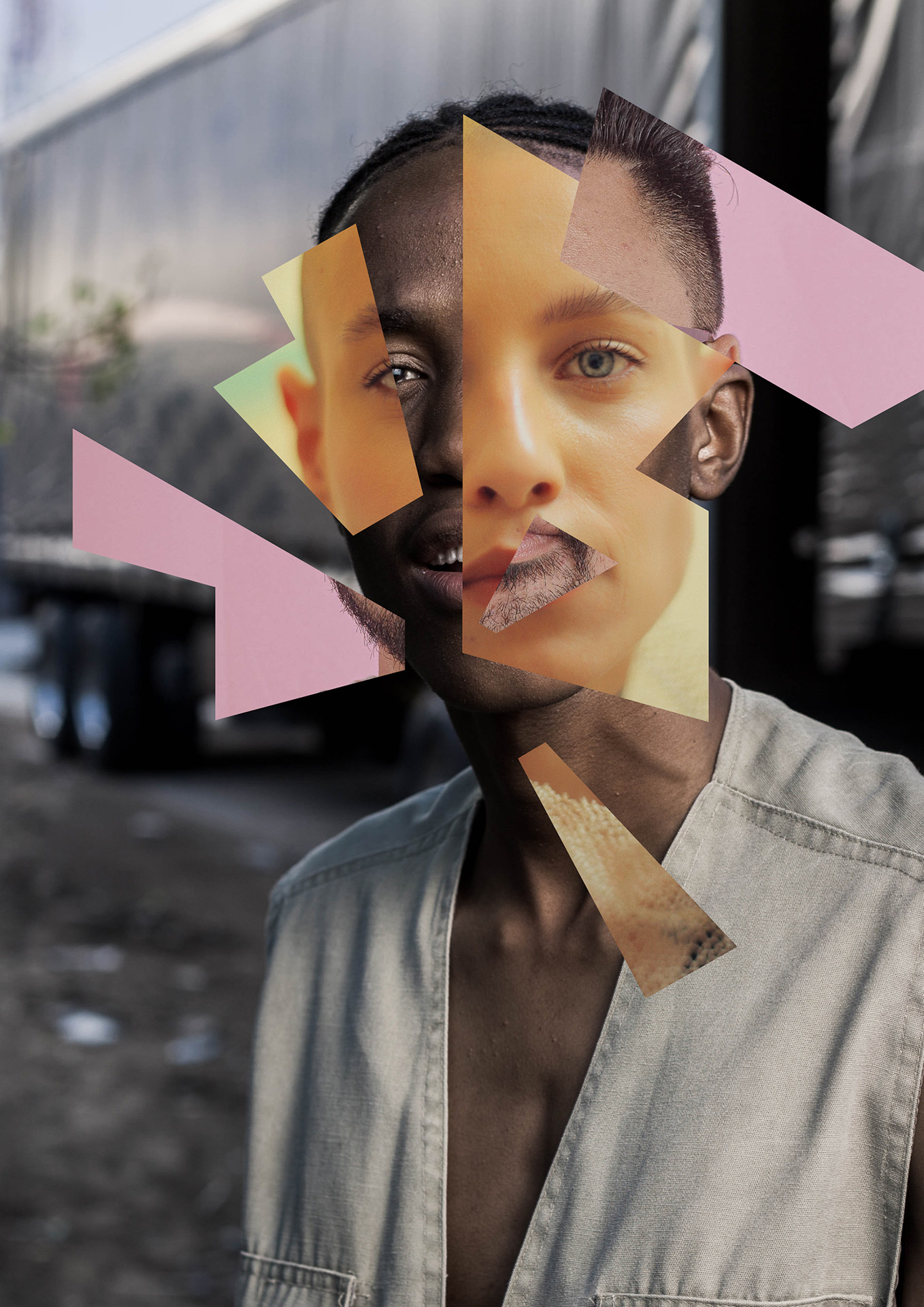 A person with glitchy different faces in a collage style type of design