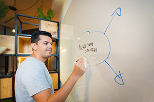 A person working at a whiteboard