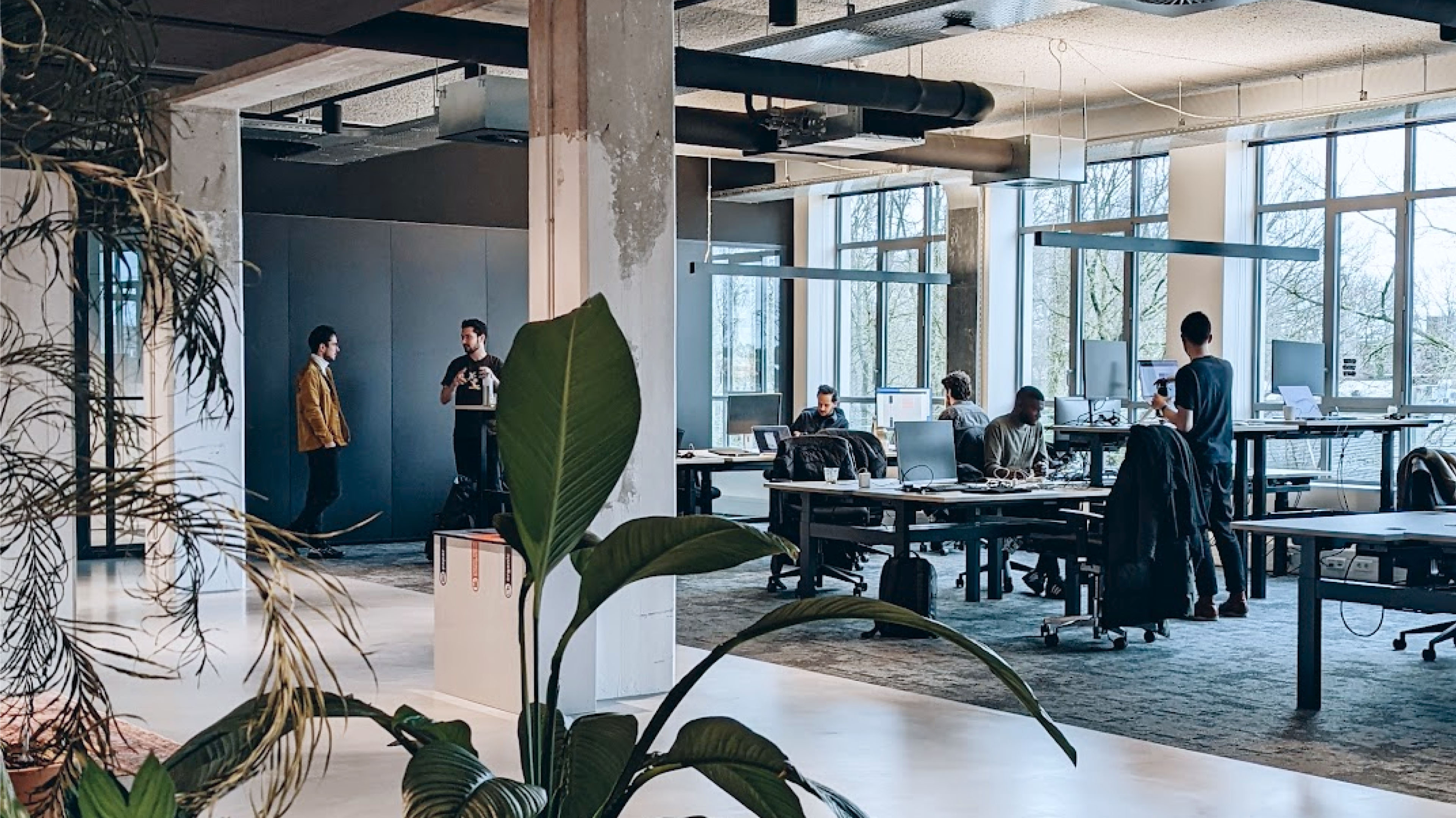 An office setting with employees creating together