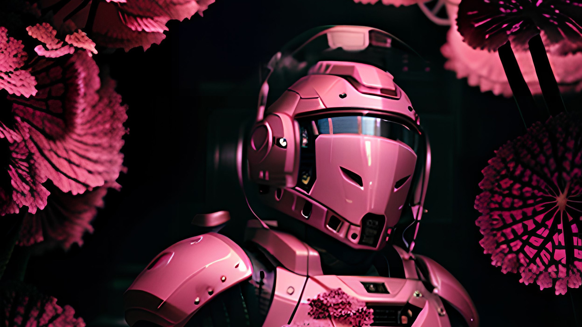 A pink space person covered in flowers