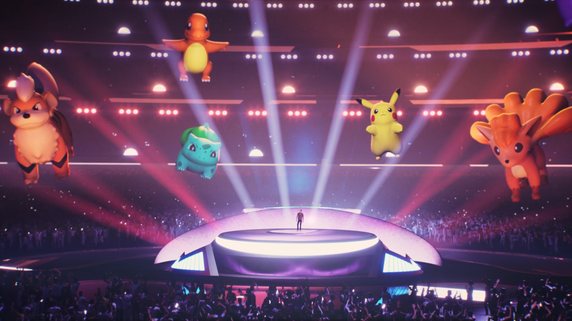 A virtual pokemon concert showing different pokemon floating above stage