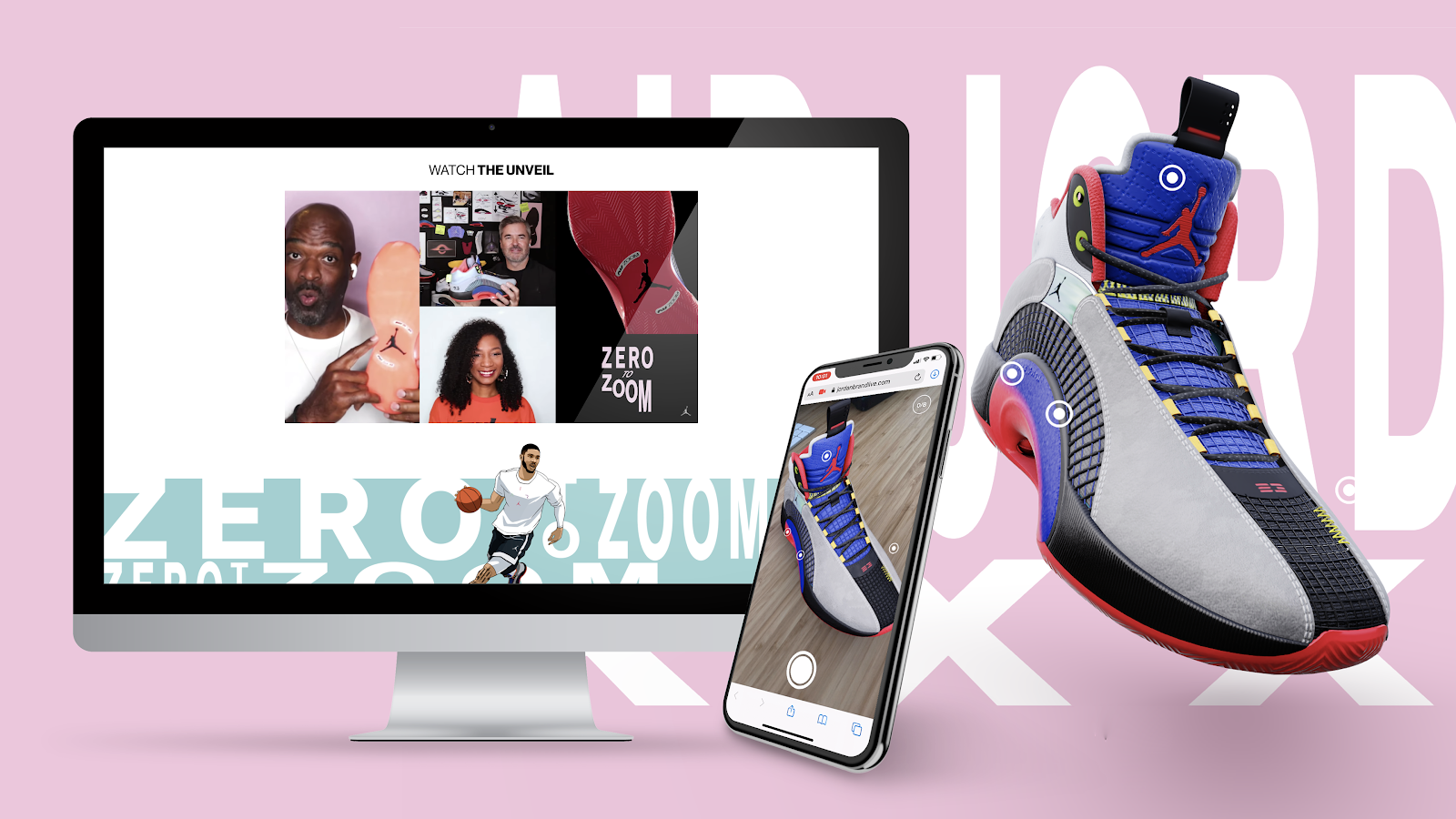 a desktop and iphone showing a virtual jordan brand sneaker launch