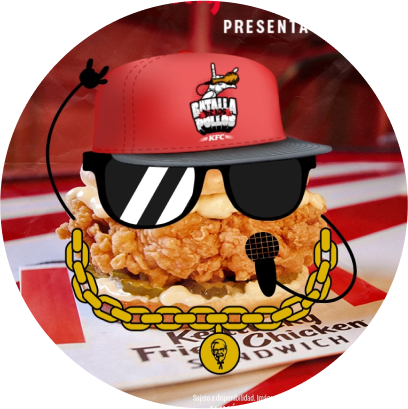 A chicken sandwich with an drawn image on top of glasses and a red cap