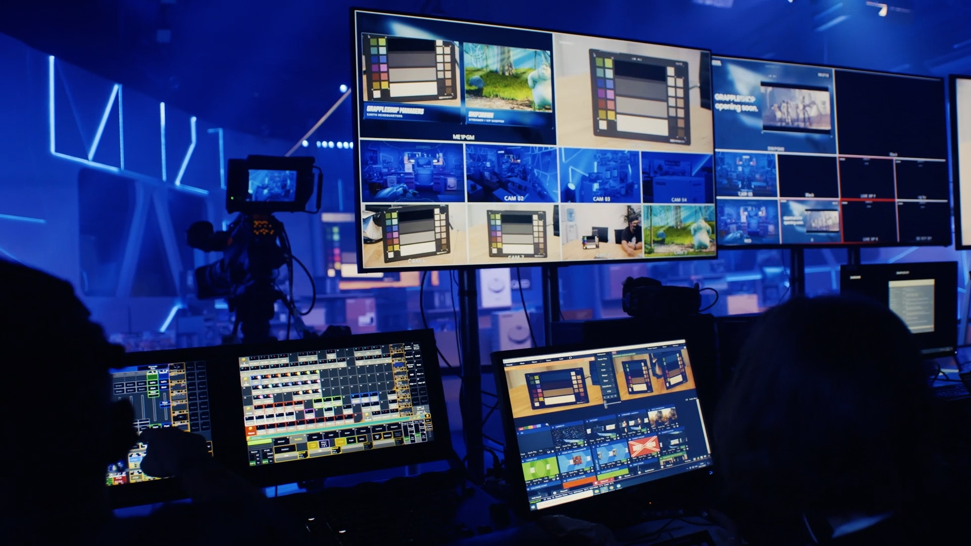 A broadcast room with so many monitors and a soundstage