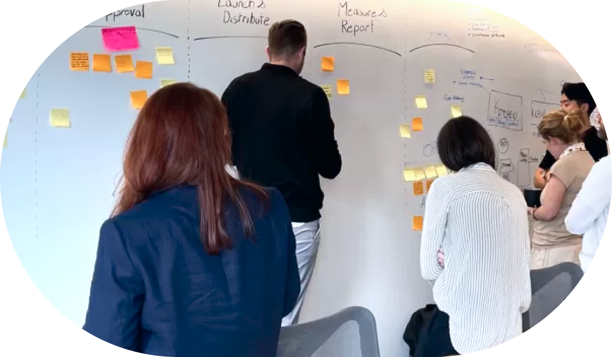 Team employees standing in front of a whiteboard discussing the post-its