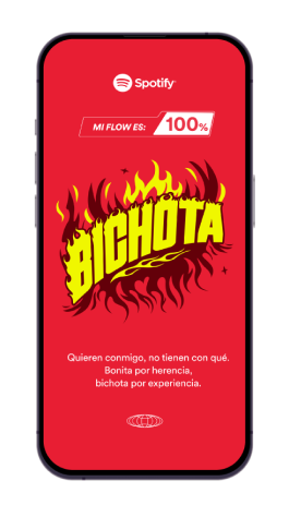 Mockup of a mobile phone with a red screen and in the middle yellow copy 'Buchota' in the form of flames.