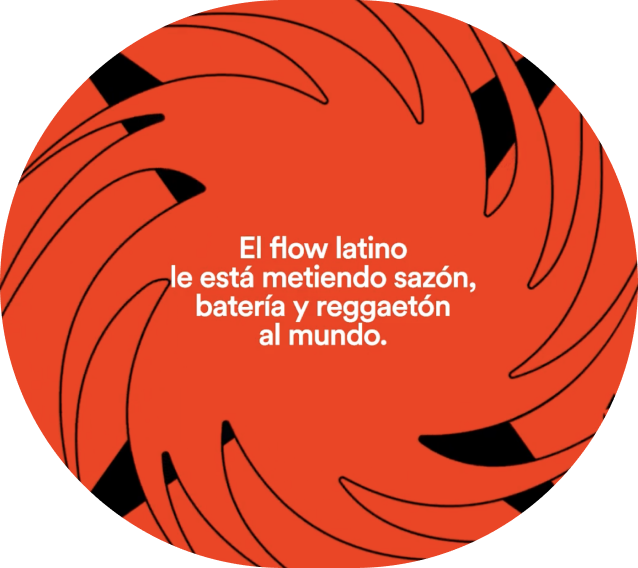 Almost circular image with an orange background. Black spiral lines at the edge of the circle and white copy in the middle.