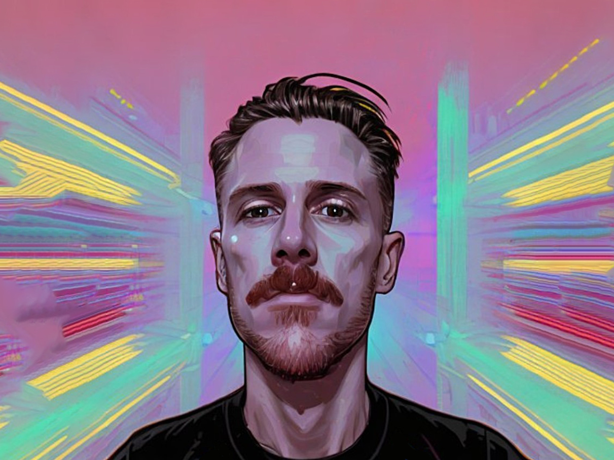 the face of a man, generated by AI, against a colorful background