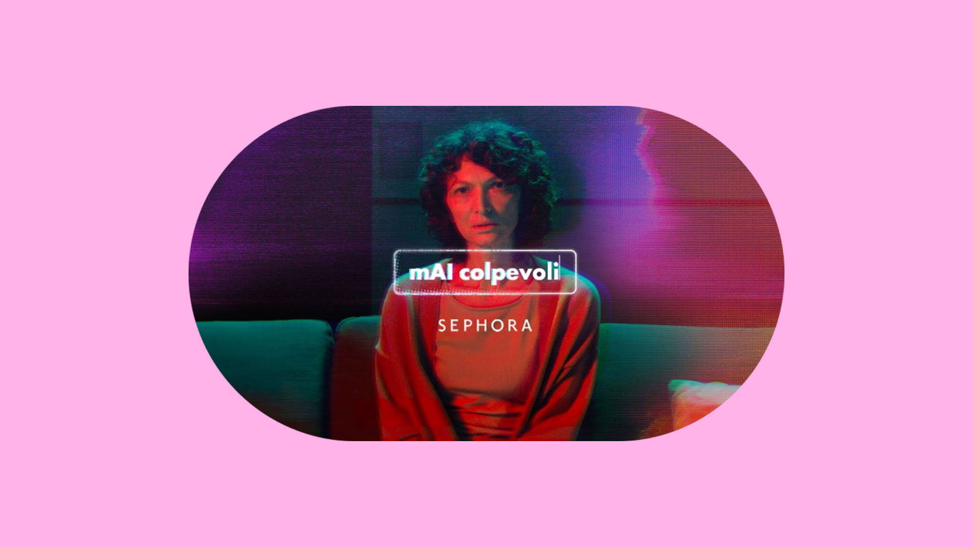 Digital looking image of a women who sits in a living room. And the logo from Sephora in white on top.