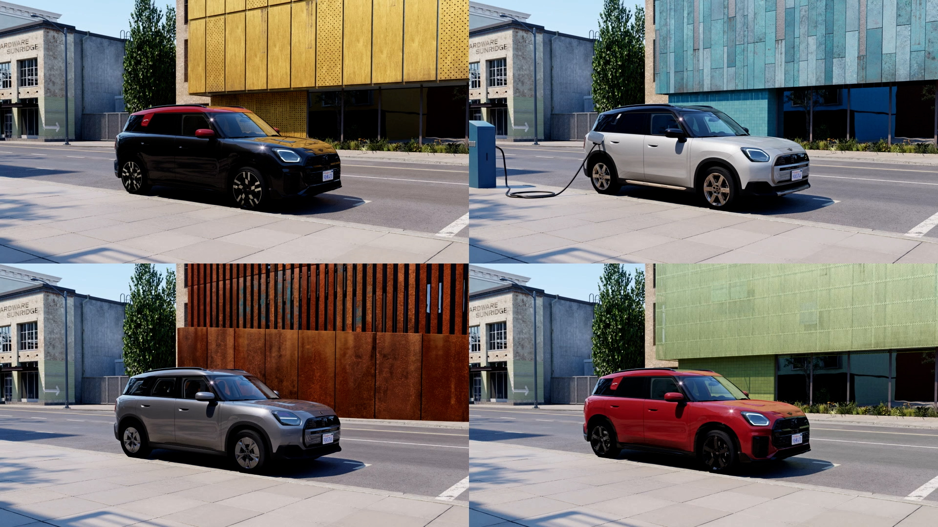 4 mini coopers in the same background with different colors
