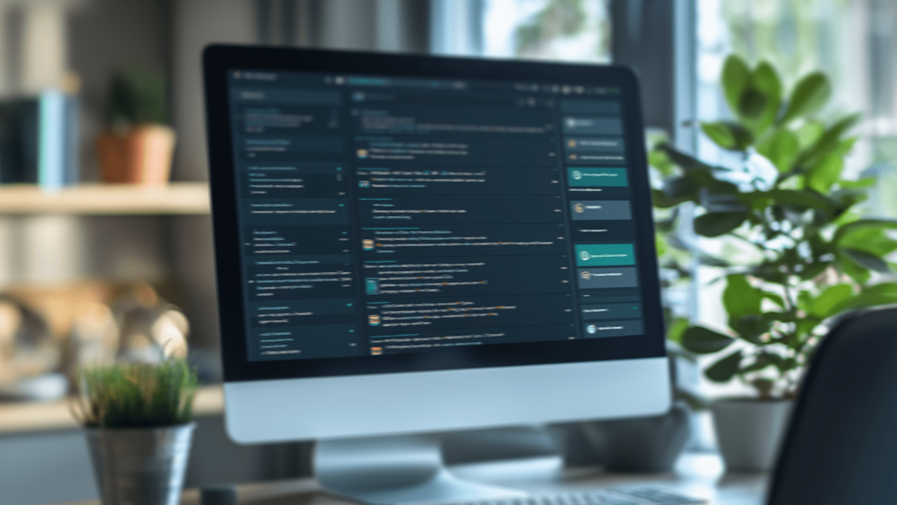 A modern computer monitor displaying a chat or messaging application with a dark theme. The screen shows several conversations and user interactions. In the background, there are blurred office elements, including a potted plant and some shelves, creating a cozy and organized workspace atmosphere.