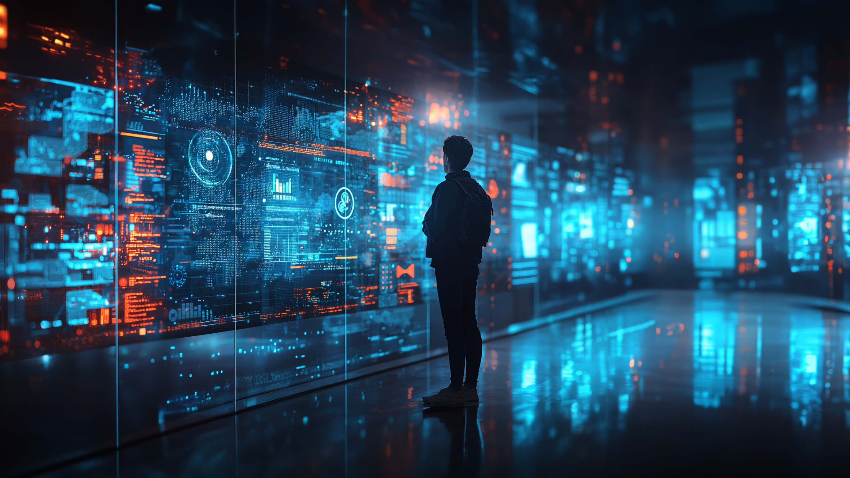 A person stands in front of a large, transparent digital screen displaying various data and graphics in bright orange and blue hues. The background is a dark, futuristic cityscape with scattered lights, creating an atmosphere of technology and innovation. The person's silhouette is central, facing the screen, suggesting interaction with the data.