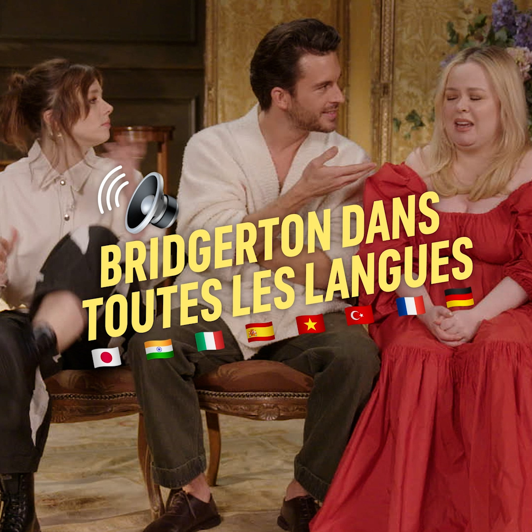 Three actors from "Bridgerton" seated together, discussing in a cozy setting, with the text "Bridgerton dans toutes les langues" and various flag icons.