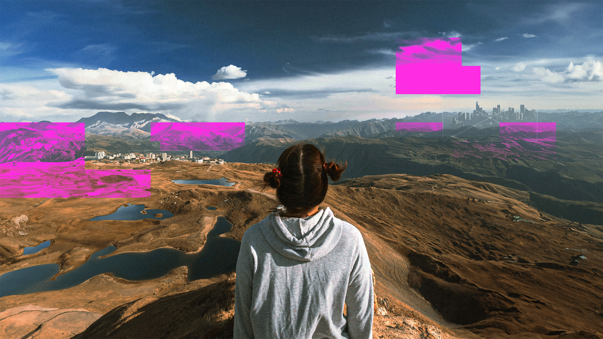 A person standing over mountains and cities