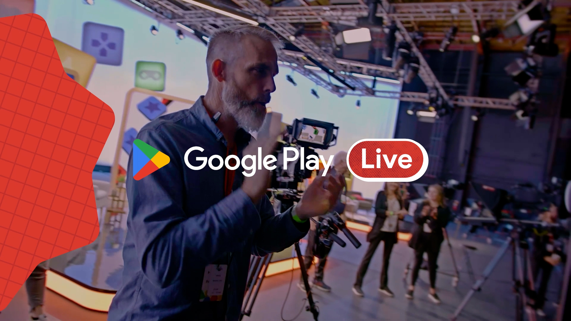 The image shows a man with a beard filming at a live event for Google Play, with a vibrant studio background and the "Google Play Live" logo prominently displayed.