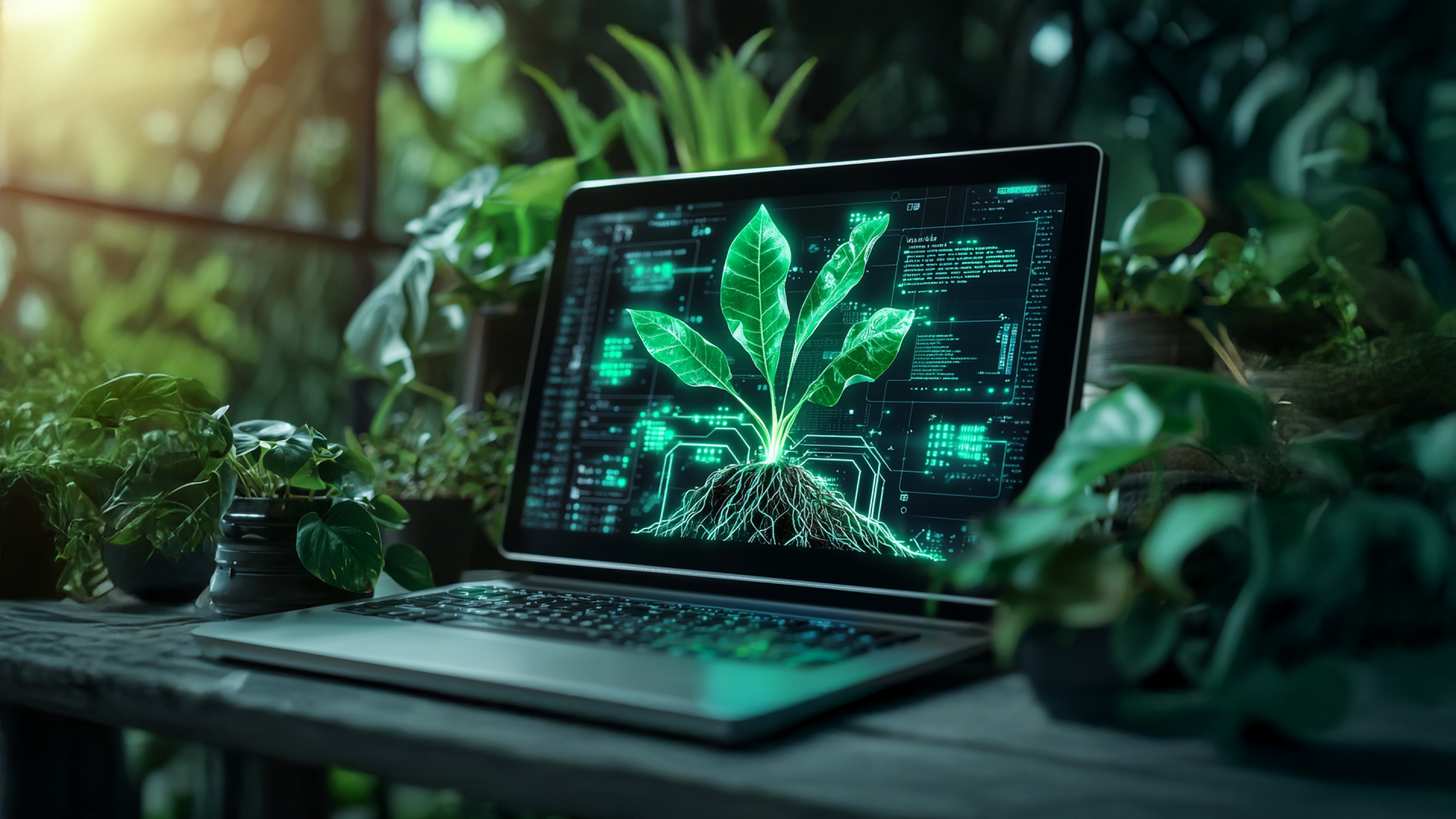 A laptop on a wooden table surrounded by potted plants, with its screen displaying a digital illustration of a green plant with visible roots and leaves, overlaid with data and code graphics. The setting is lush and green, suggesting a connection between technology and nature. Sunlight filters through the foliage in the background.