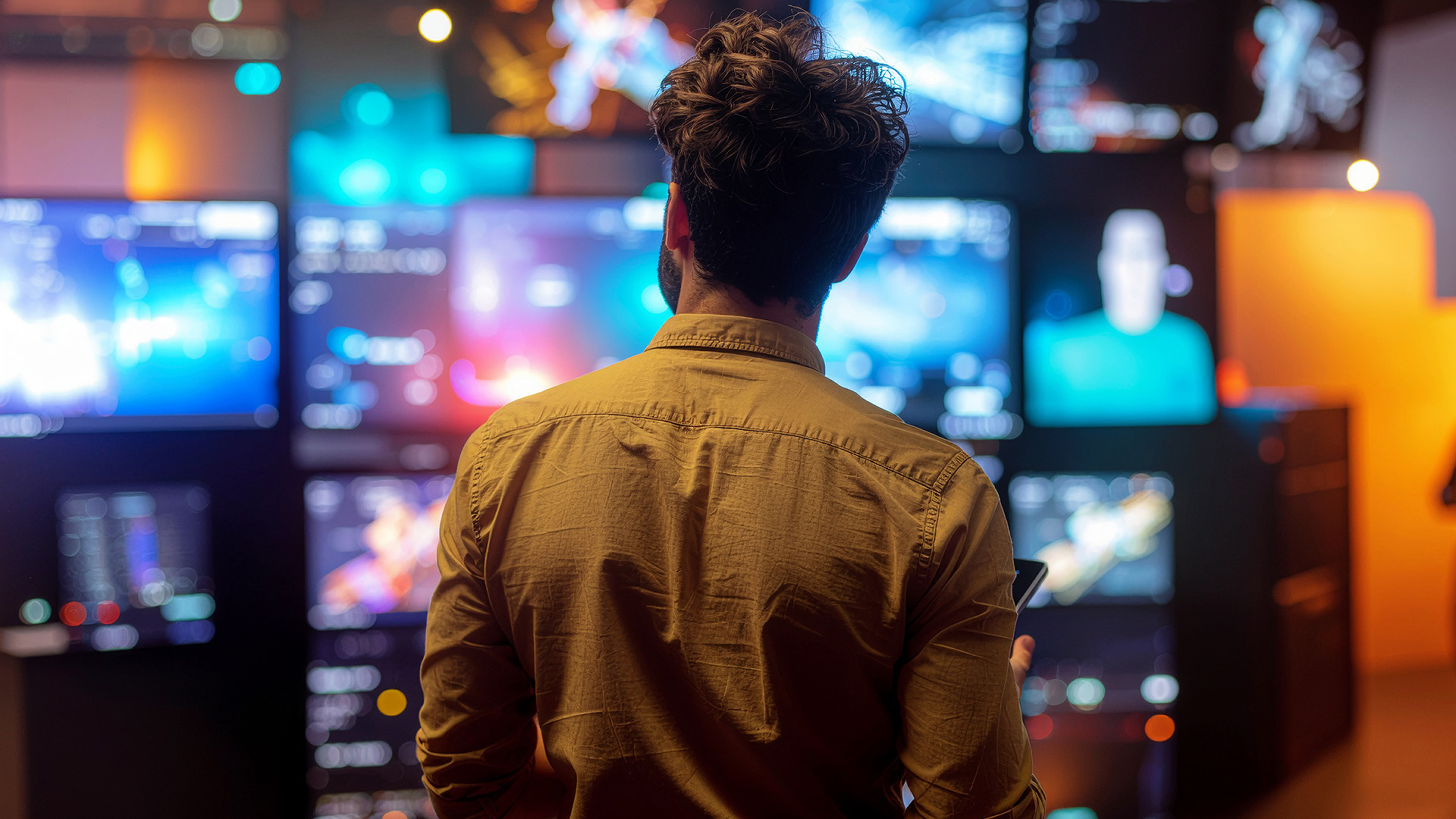A man with dark, wavy hair stands with his back to the camera, wearing a mustard-yellow button-down shirt. He is looking at a large video wall composed of multiple screens, each glowing with bright, colorful, and abstract digital displays in a dimly lit room.