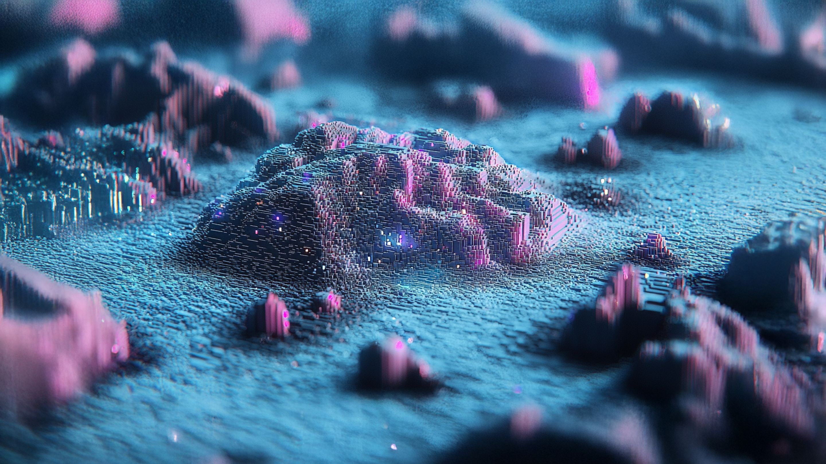 A digital landscape features pixel-like blue and pink block formations resembling futuristic mountains and valleys, softly illuminated with glowing light effects.
