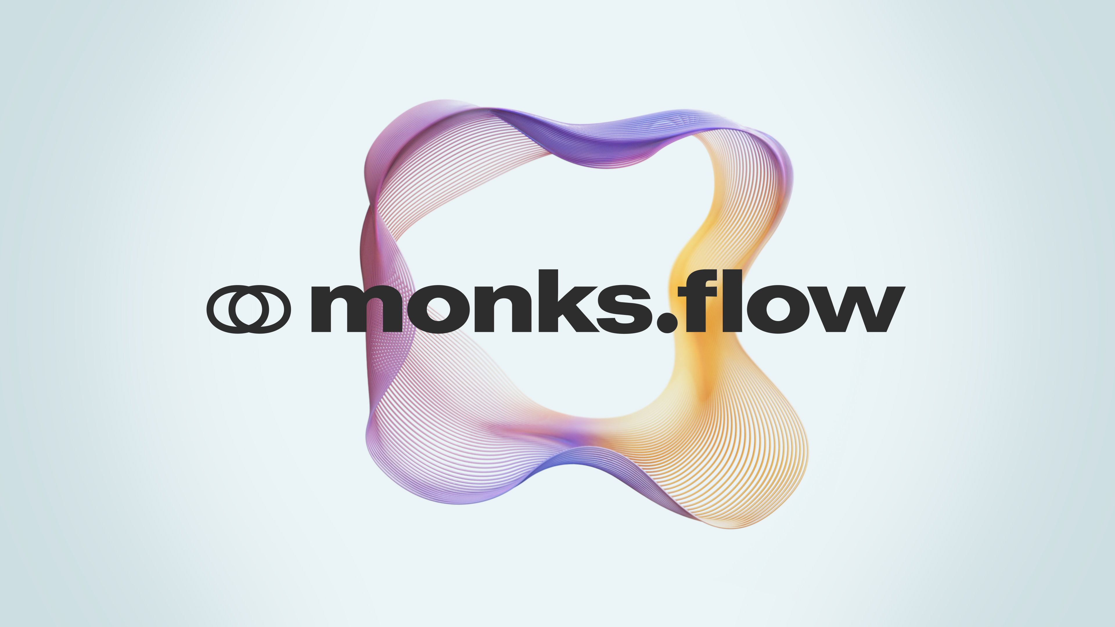 Monks.Flow logo in black with a flowing circle evolving in colors
