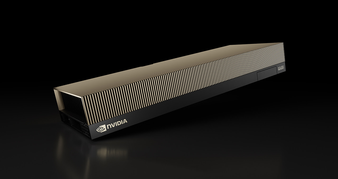 A close-up studio shot of the NVIDIA A6000 graphics processing unit (GPU), a powerful piece of NVIDIA technology crucial for accelerating complex calculations in Generative AI content production workflows.