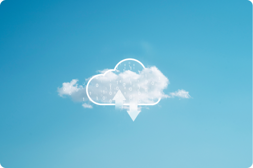A cloud in a blue sky outlined by a cloud download icon referencing data being stored in the cloud