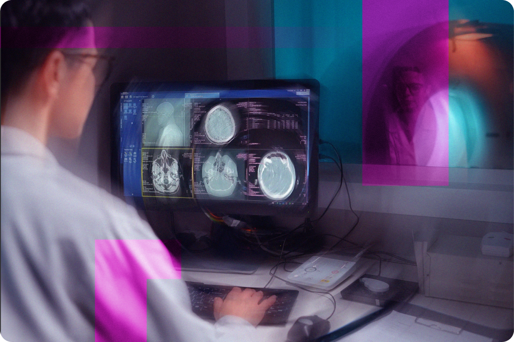 A doctor overlooking a imaging computer at an x-ray with a design glitch affect over it