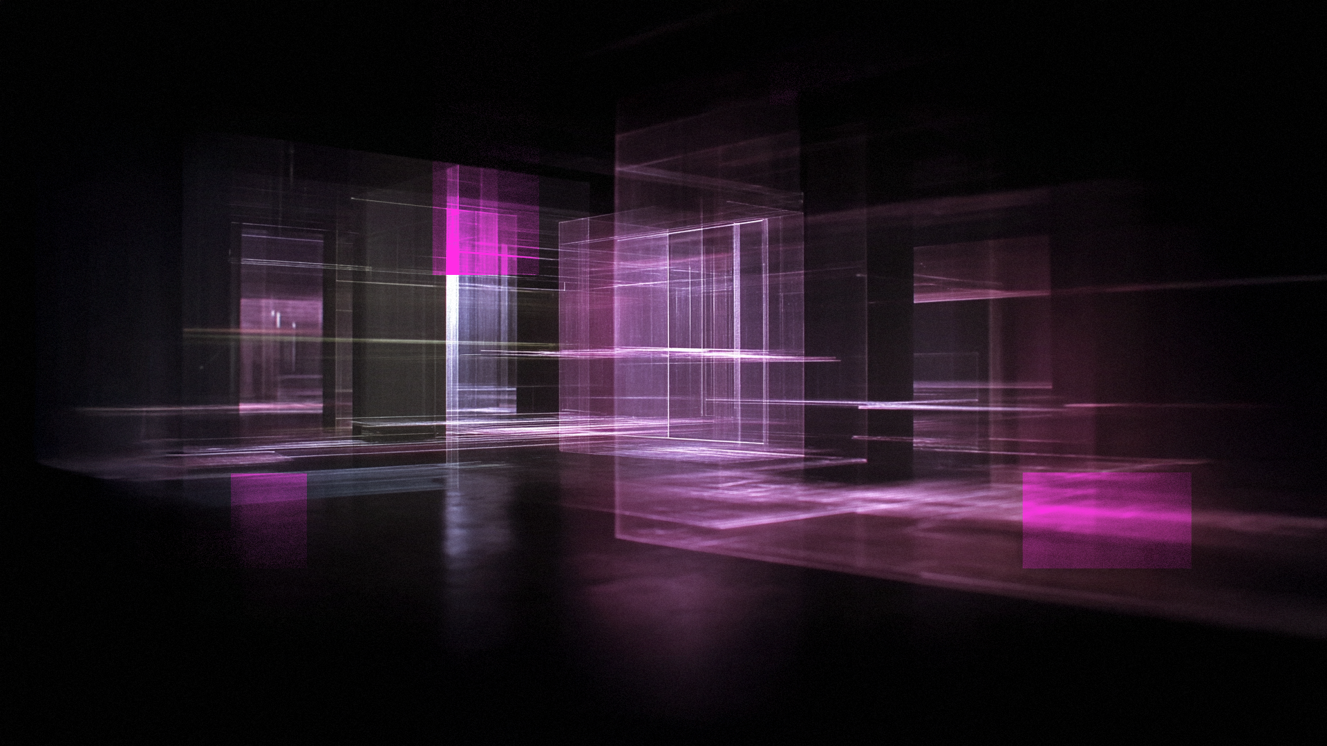 Abstract digital artwork featuring glowing, translucent pink and purple geometric structures against a dark background. The composition consists of overlapping rectangular planes and vertical pillars made of light, creating a three-dimensional, architectural feel. Horizontal light streaks and soft motion blur suggest digital movement, giving the impression of a high-tech visualization or a virtual data environment.