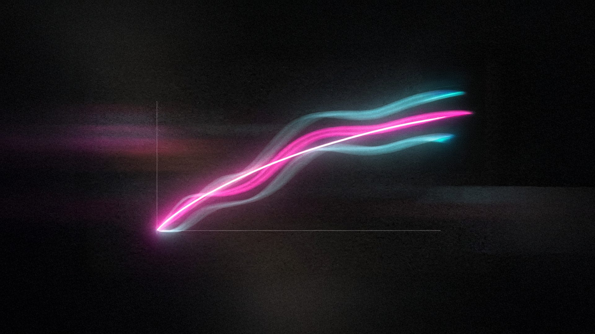 Abstract digital illustration of an upward-sloping line graph with a glowing pink and white core and wispy light-blue trails against a dark, textured background.