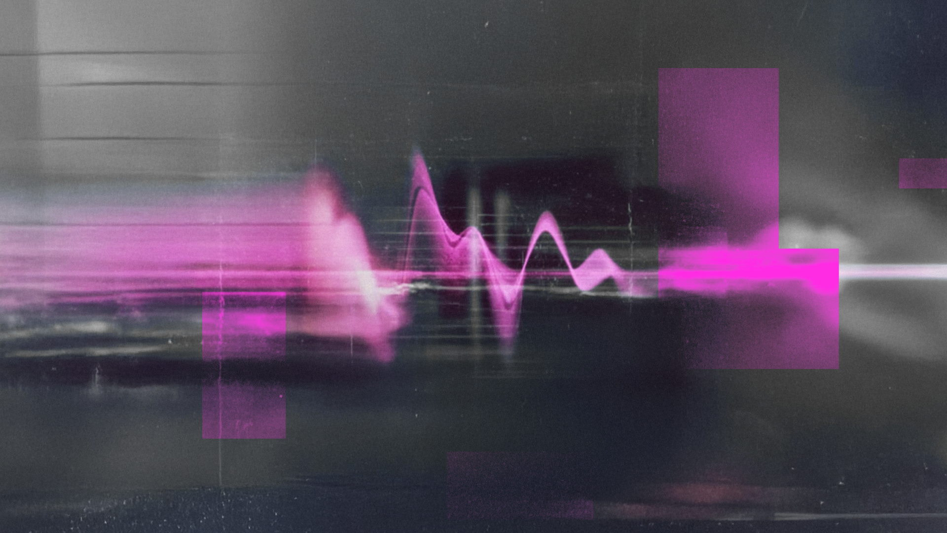 Abstract digital artwork featuring a bright pink waveform pulsing across the center against a dark, grainy, and streaked background with glitch effects. Horizontal bands of pink light and motion blur stretch across the frame, while several translucent pink rectangular blocks and geometric shapes are overlaid in the foreground and background, creating a distorted, technological feel with scan lines and noise. The overall impression is one of digital signal processing or data corruption.