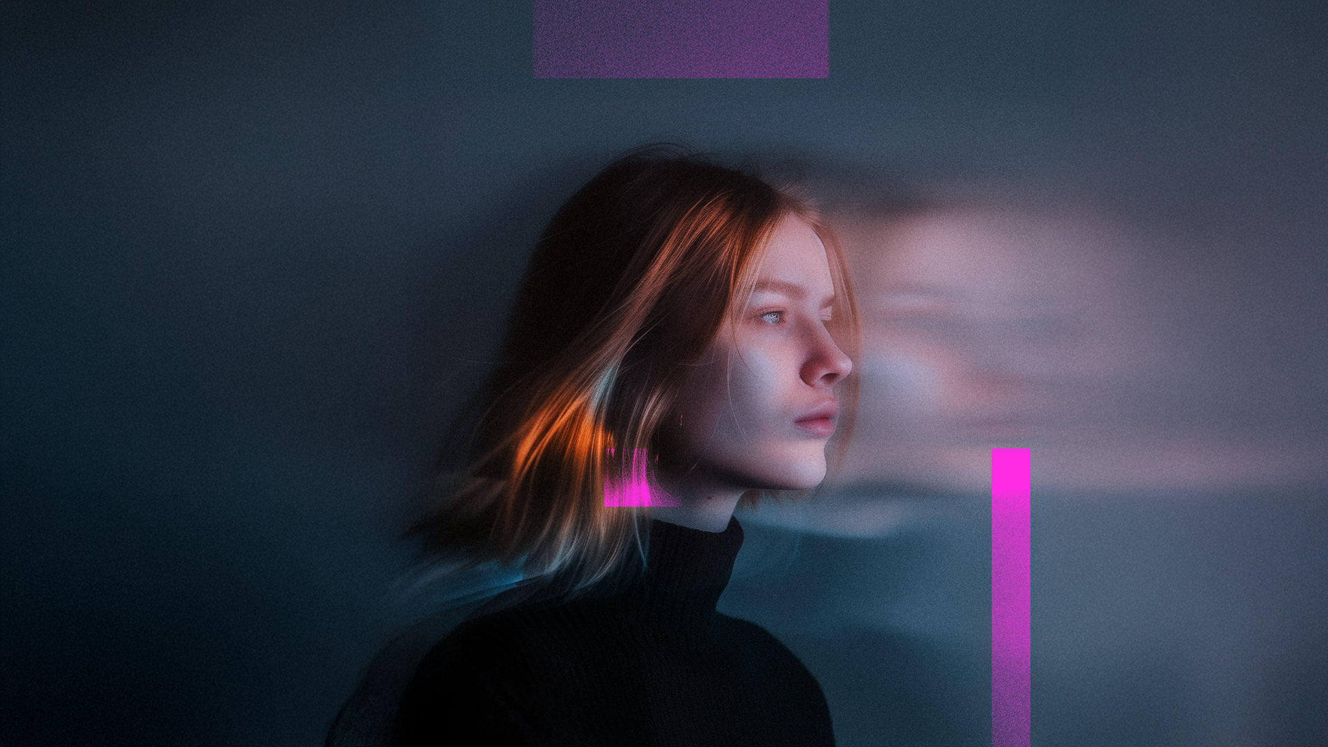 A portrait of a woman in profile, facing right, with her blonde hair blurred as if in motion. She wears a black turtleneck against a dark, moody background featuring abstract magenta and purple rectangles and vertical lines. Her face is illuminated, while the rest of the image has a blurred, dreamlike quality.