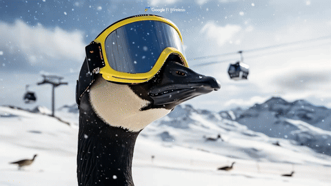 Skiing goose with ski goggles going down the slopes at a resort.