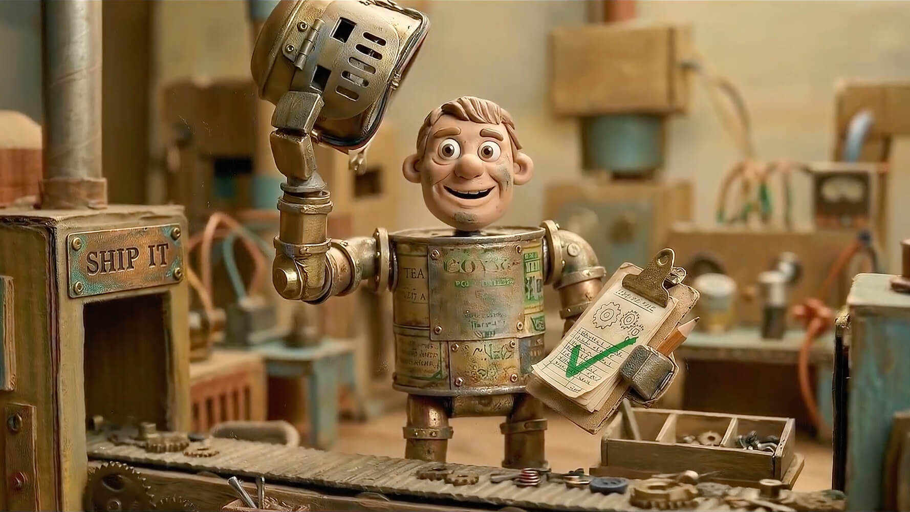 an AI-generated image of a claymation man wearing a metal robot suit that resembles a knight, standing at an assembly line