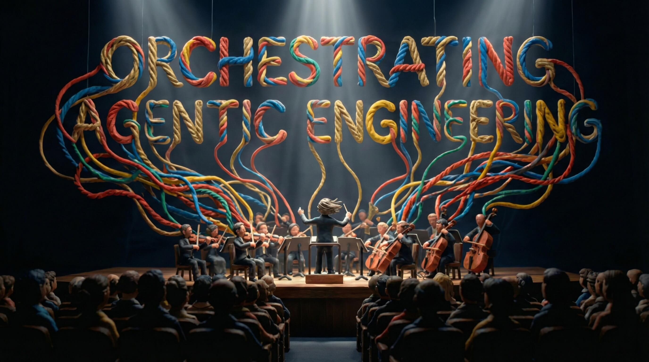 AI-generated image of a claymation theater with an orchestra and strings floating above spelling out the words "Orchestrating Agentic Engineering"