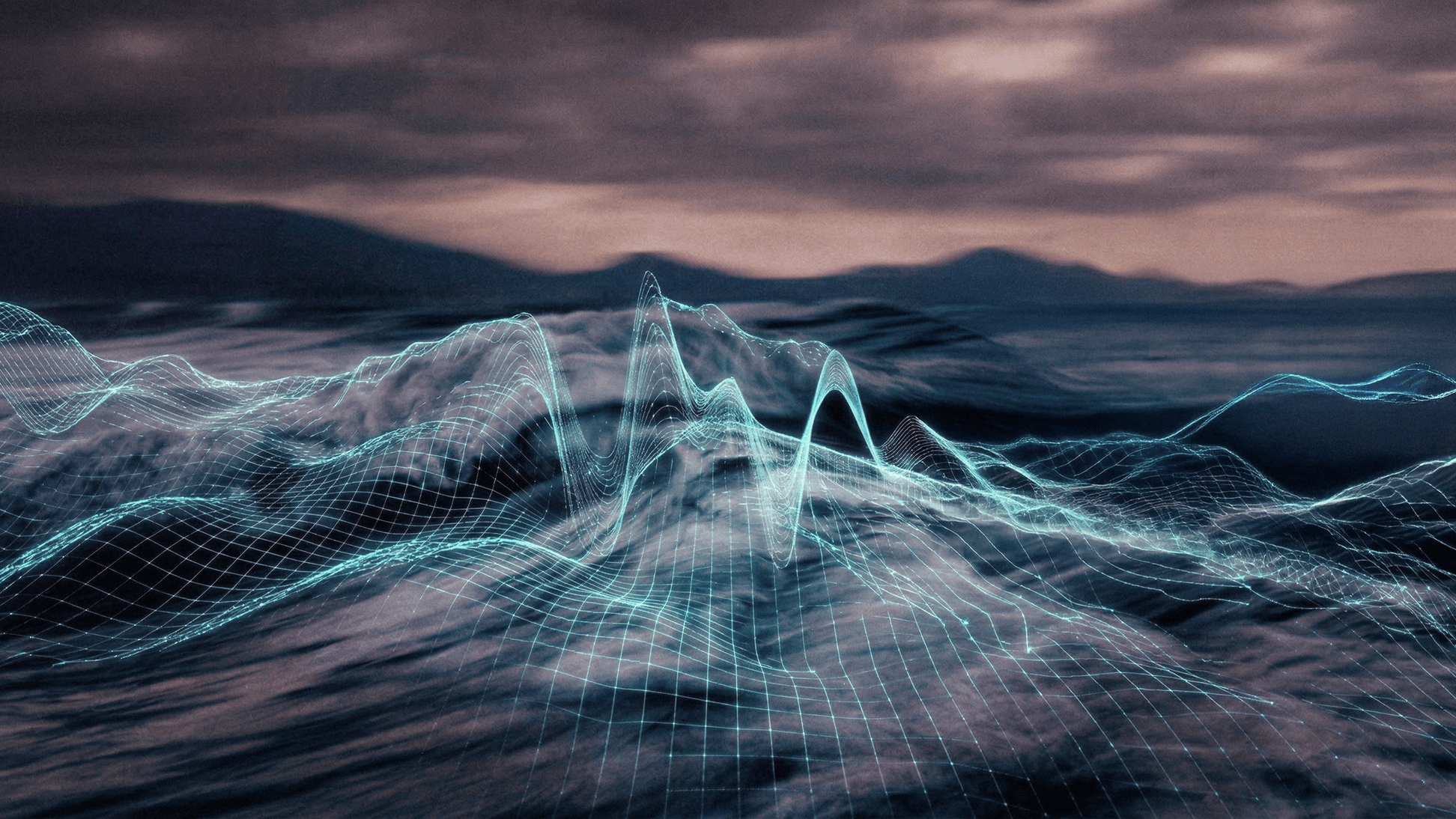 A luminous teal wireframe grid is overlaid on a dark, choppy sea, precisely mapping the peaks and troughs of the turbulent waves. The background features distant, hazy mountains under a heavy, overcast sky tinged with dusky pink and purple light.