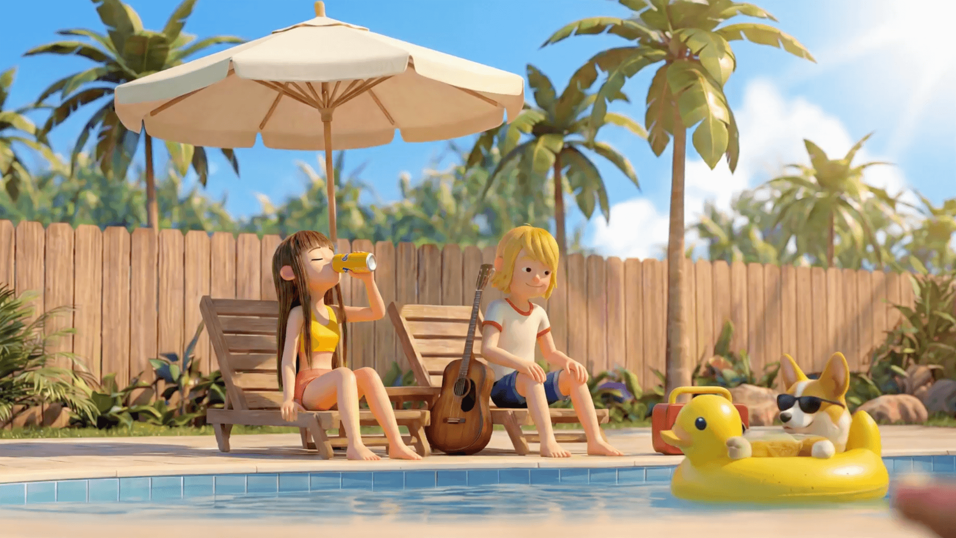 A sunny 3D animated pool scene featuring a brunette girl drinking a can of Chocomel on a lounge chair, a blonde boy sitting beside her with a guitar, and a corgi in sunglasses floating in a duck inner tube nearby.