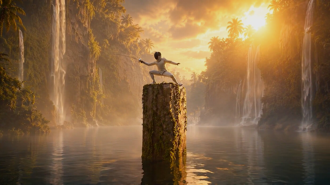 AI generated image of a fencer atop a pillar in the middle of a lake in a jungle