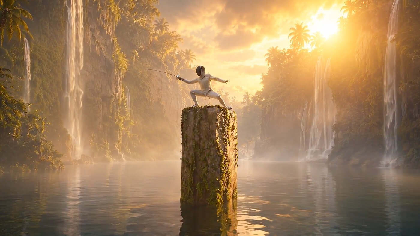 AI generated image of a fencer atop a pillar in the middle of a lake in a jungle