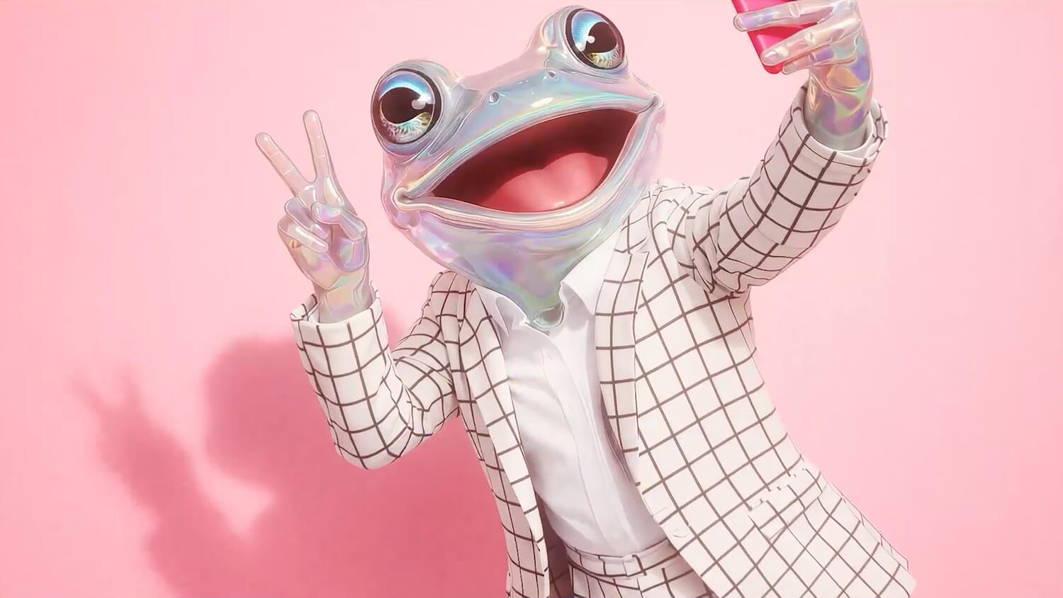 an AI generated frog person wearing a suit and taking a selfie with a phone